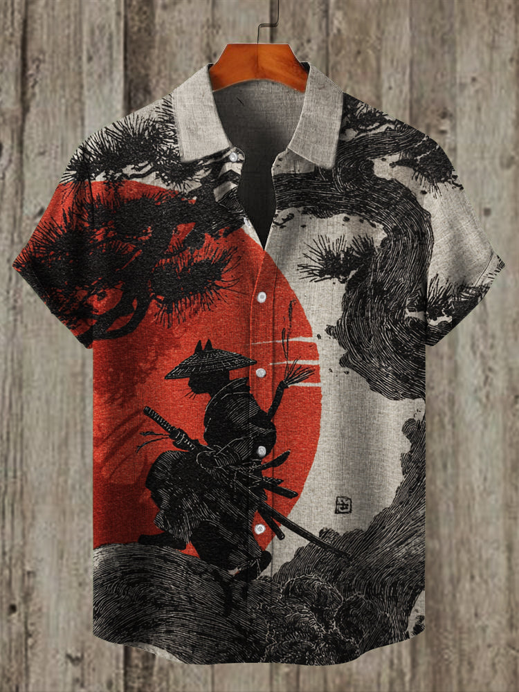 Cat Samurai Pine Tree Sunrise Japanese Art Linen Shirt elevenforest