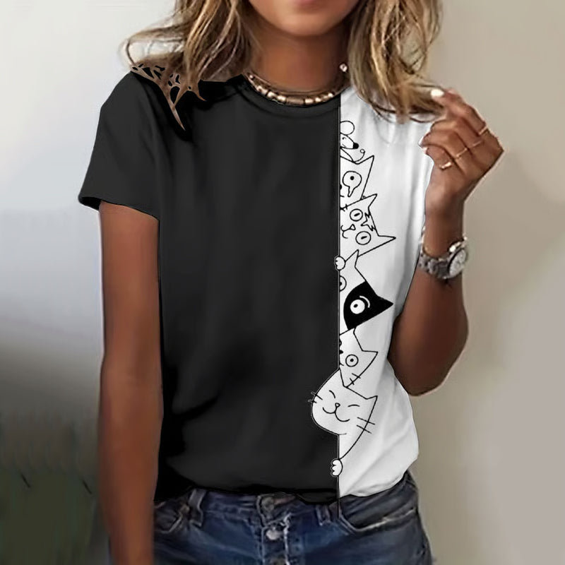 Abstract Creative Cute Black Cat Art Print Cotton Graphic T-shirt elevenforest