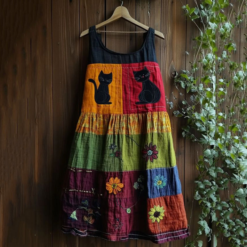 Vintage Black Cat Peeking With Floral Patchwork Art Linen Tank Dress elevenforest