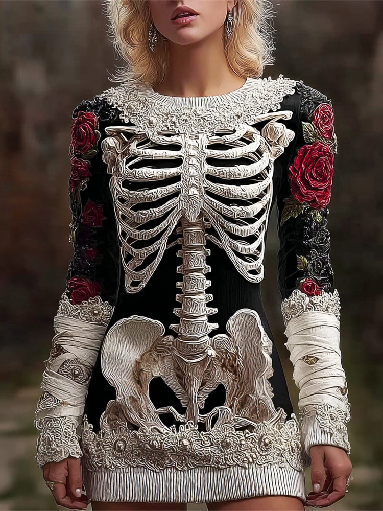 Halloween Skeleton & Floral Bandage Art Women's Crew Neck Knit Mini Dress artswardrobe