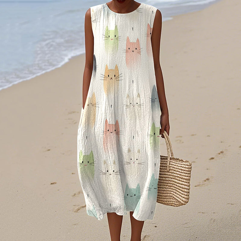 Women's Vintage Cat's Abstract Gradient Art Linen Tank Midi Dress elevenforest