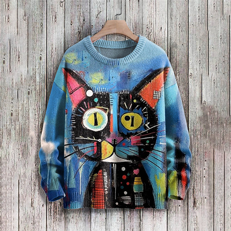 Cute Cat Art Pattern Print Casual Knit Pullover Sweater elevenforest