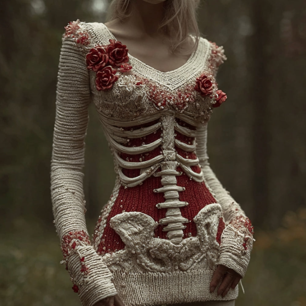 Halloween Skeleton Rose Bandage V-neck Sweater artswardrobe