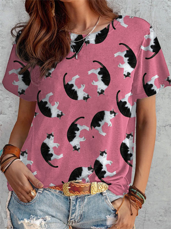 Women's Casual Pink Milk Cat Print T-shirt elevenforest