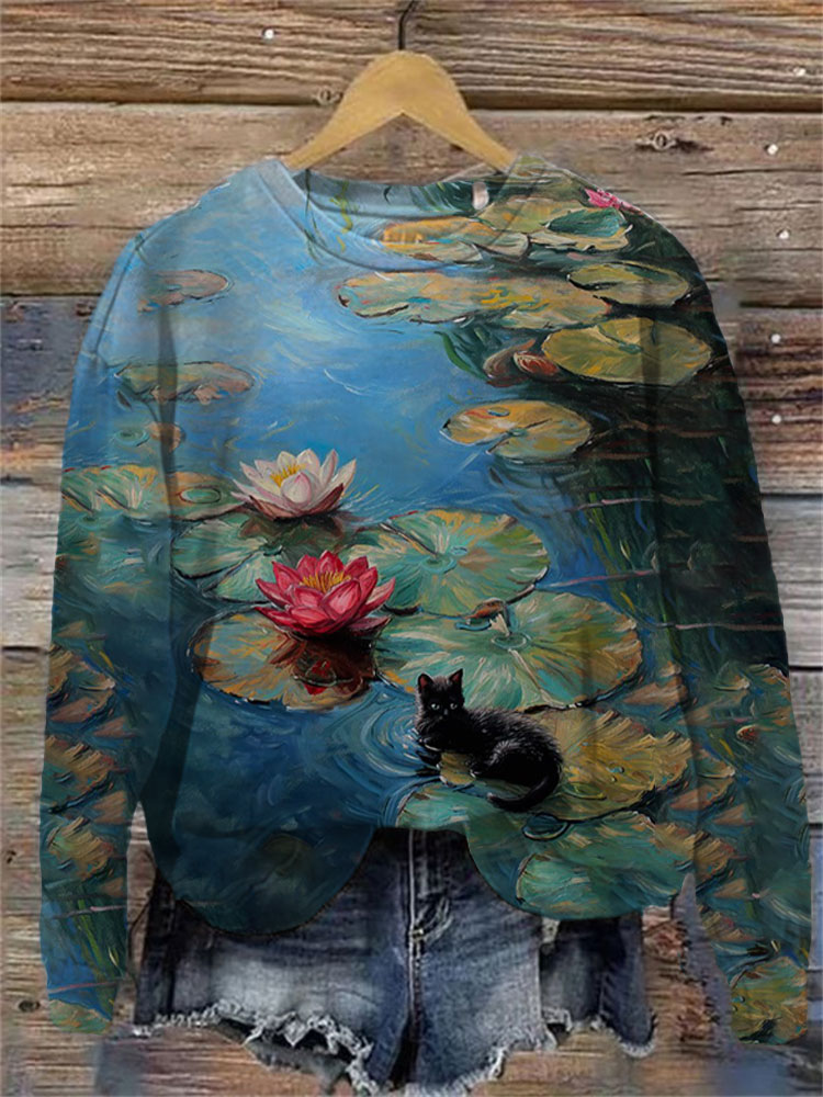 Women's Casual Japanese Art Funny Black Cat Print Sweatshirt elevenforest