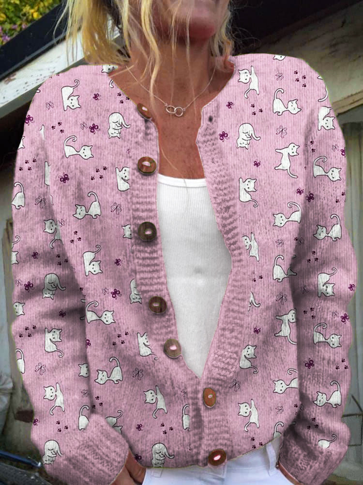 Cartoon Cats Print Women's Knitted Cardigan elevenforest