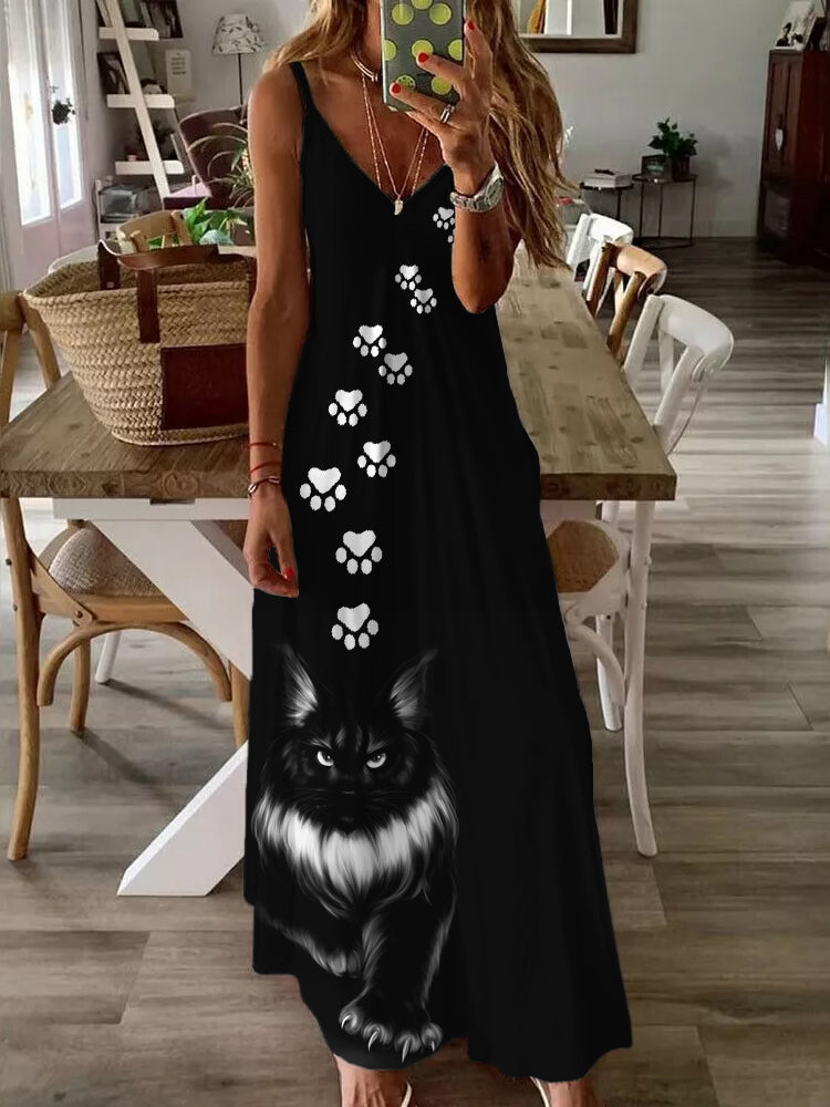 Elegant Black Cat And Paws Pattern V Neck Cami Maxi Dress elevenforest