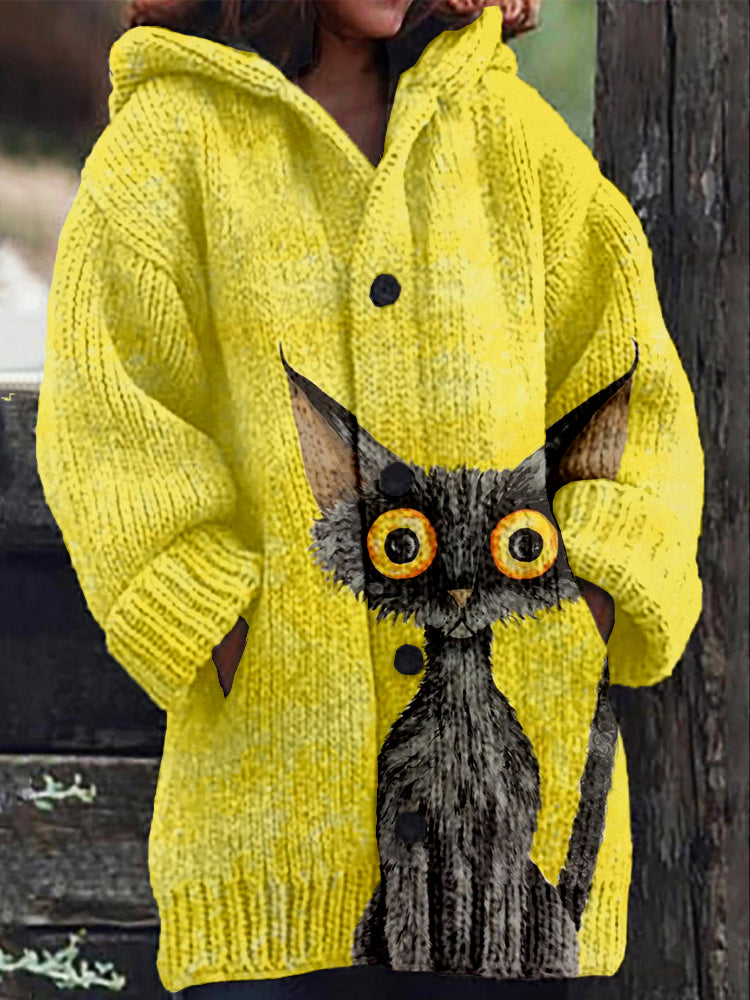 Lovely Black Cat Pattern Cozy Hooded Knit Cardigan elevenforest