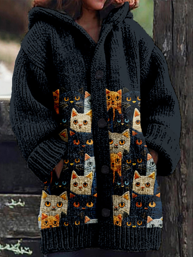 Cute Crowded Cats Embroidered Cozy Hooded Cardigan elevenforest