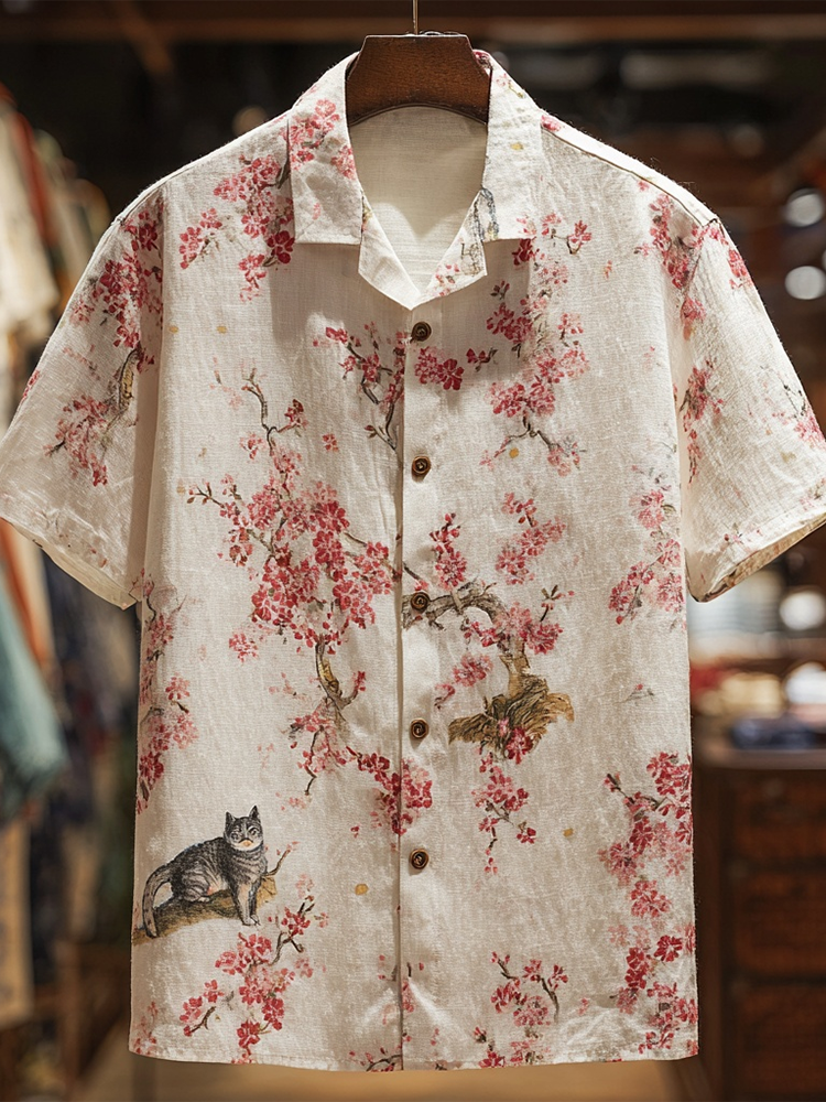 Japanese Art Style Cat And Cherry Blossom Elements Men's Short Sleeve Shirt elevenforest