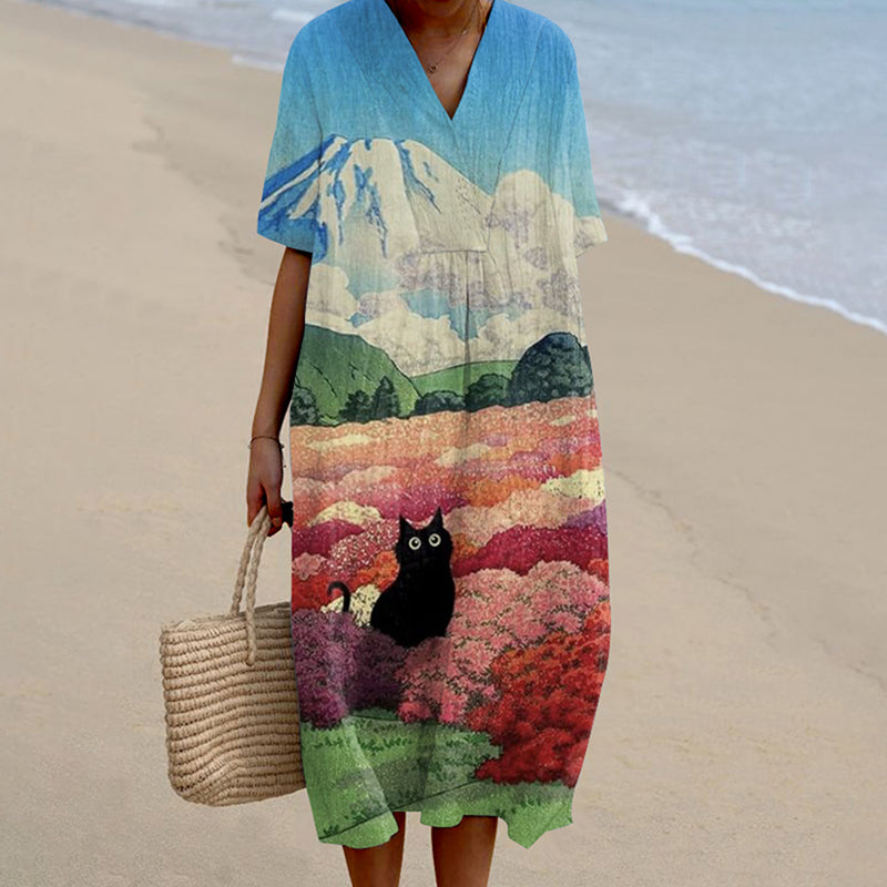 Women's Floral Black Cat Print Casual Midi Dress elevenforest