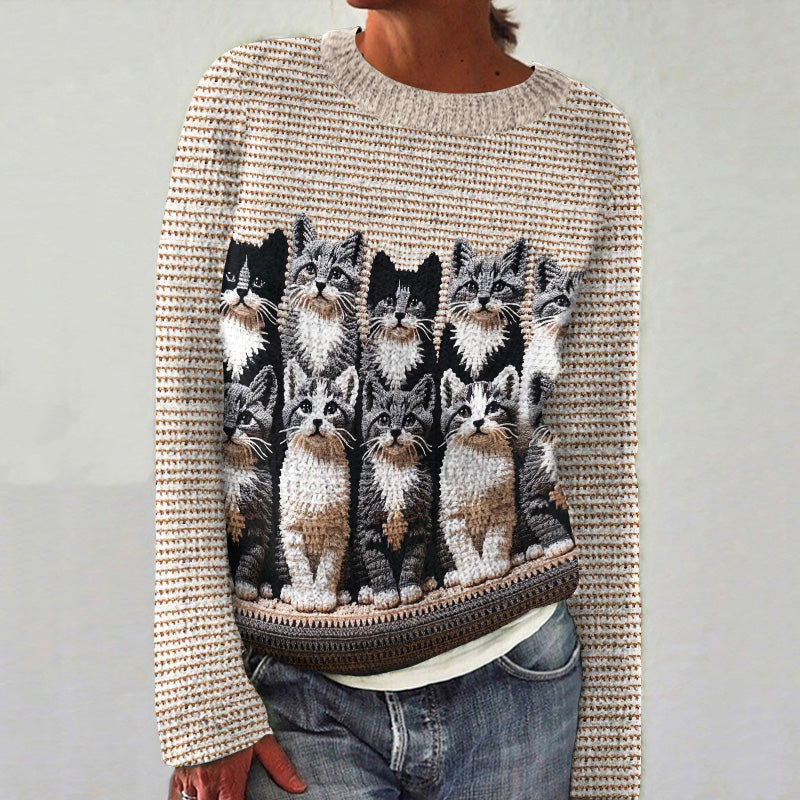 Women's Vintage Cute Cat Art Cozy Sweater elevenforest