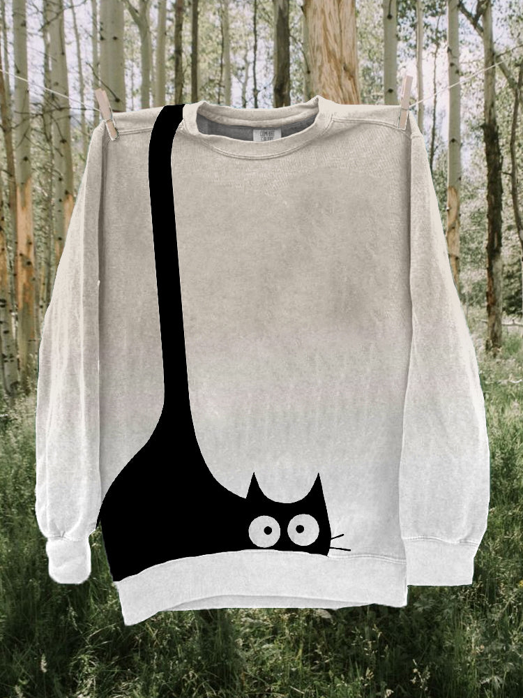 Lovely Black Cat Print Gradient Cozy Sweatshirt elevenforest