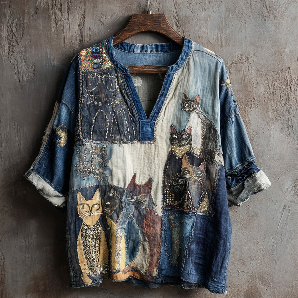 Vintage Shabby Patchwork Cowboy Cat Women's V-neck Shirt elevenforest