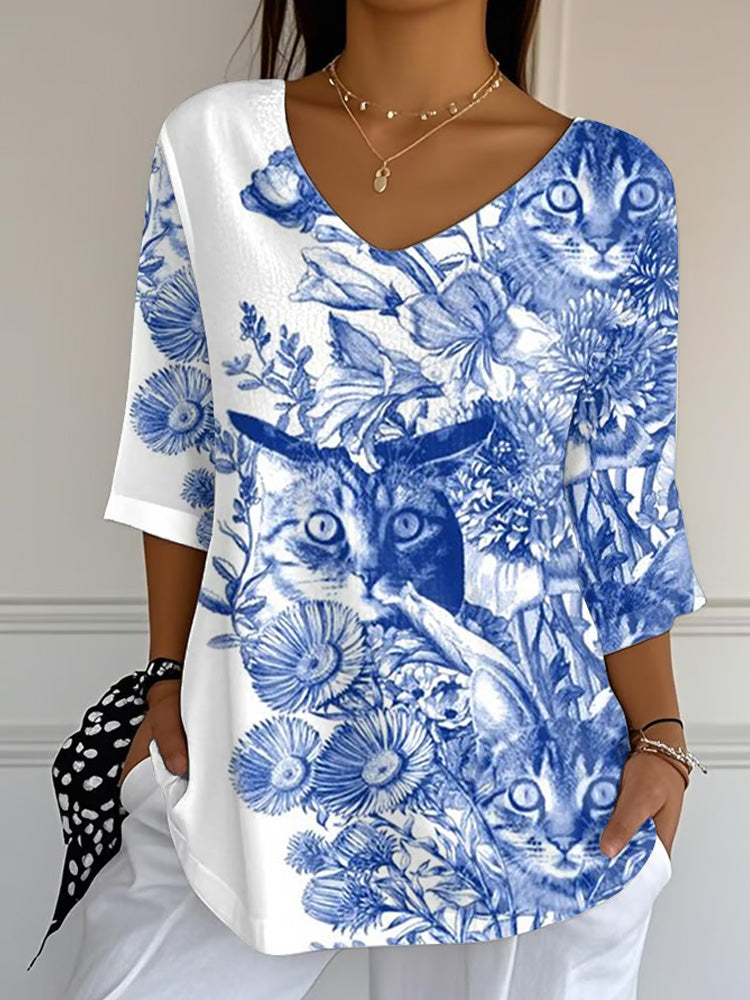 Women's Retro Animal Cat Realistic Print Mid Sleeve T-shirt elevenforest