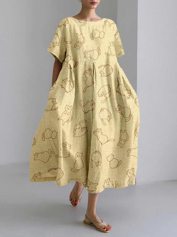 Cute Cats Graphic Linen Blend Cozy Maxi Dress elevenforest