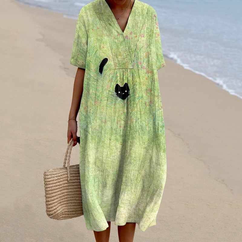 Women's Black Cat Print Casual Midi Dress elevenforest