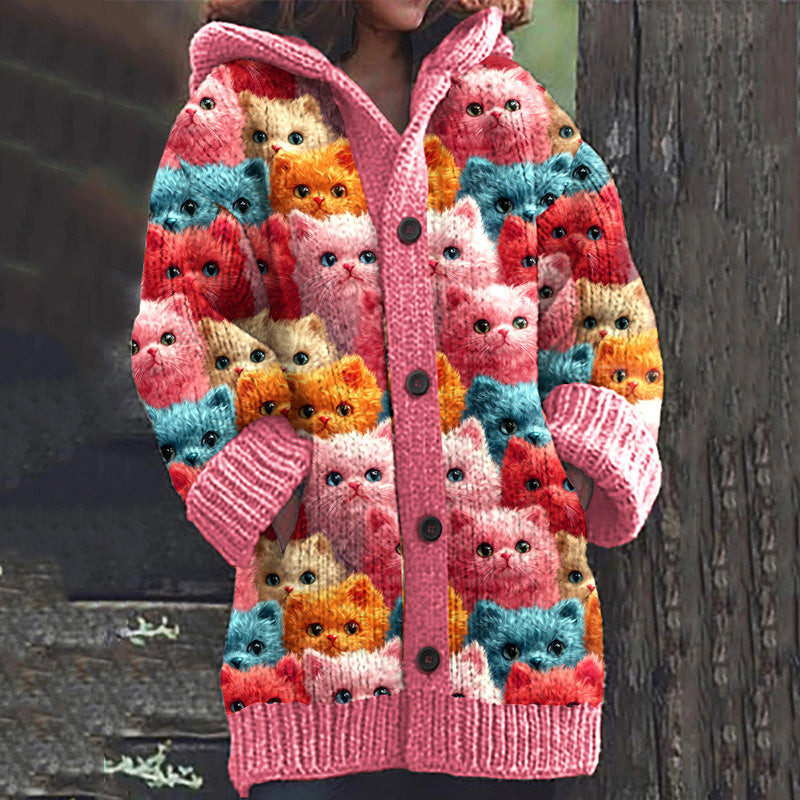 Vintage Cute Cat Family Art Women's Sweater Hooded Cardigan elevenforest
