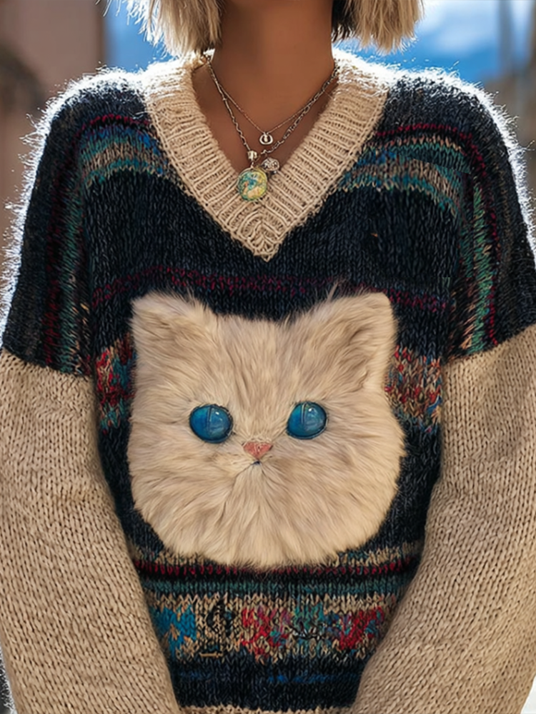 Women's Colorful Striped Plush Cat Pattern Embroidered V-neck Knit Sweater elevenforest