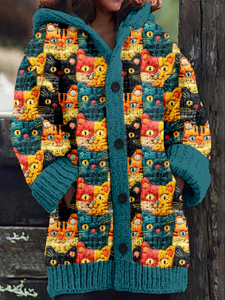 Cute Cats Felt Art Cozy Hooded Cardigan elevenforest