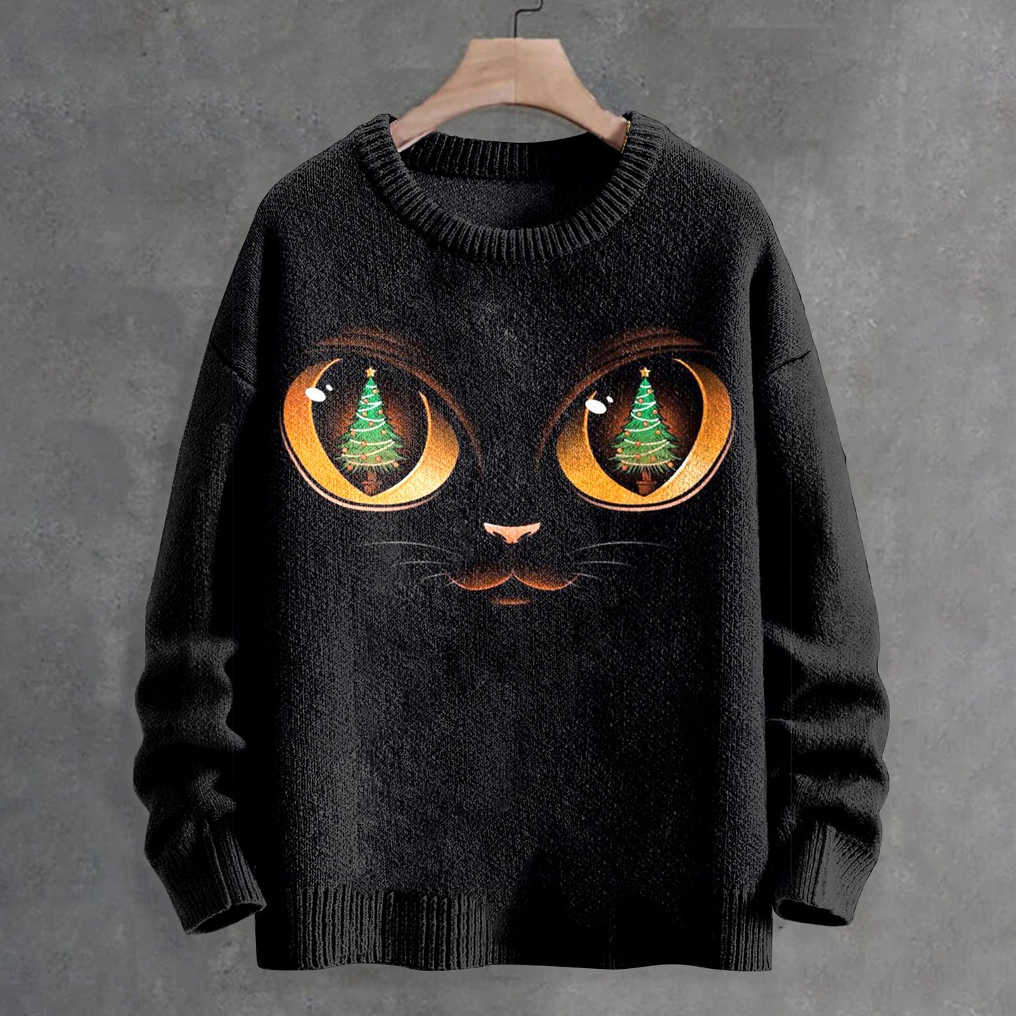Men's Christmas Tree In Cat Eyes Print Casual Knit Crew Neck Sweater elevenforest