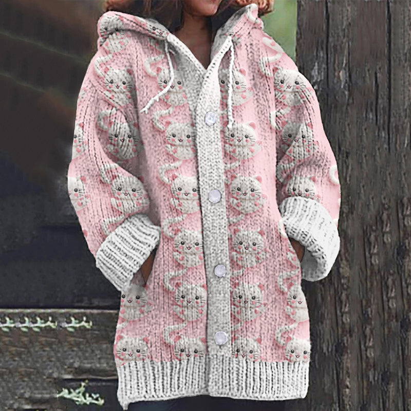 Cute Pink Cat Pattern Cozy Cardigan Sweater elevenforest