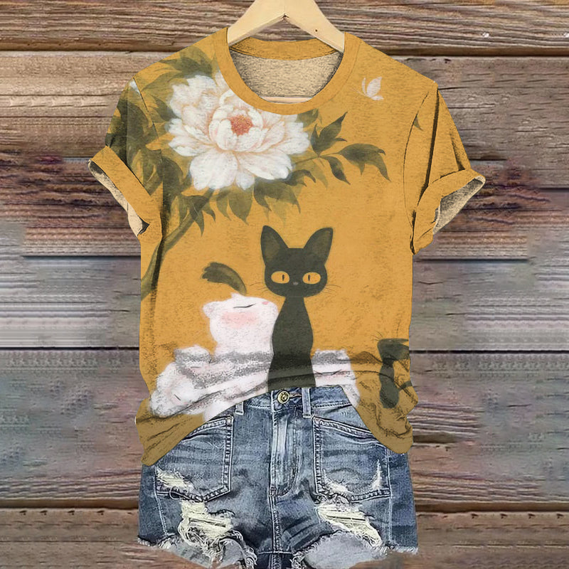 Peony And Cat Print Women's T-Shirt elevenforest