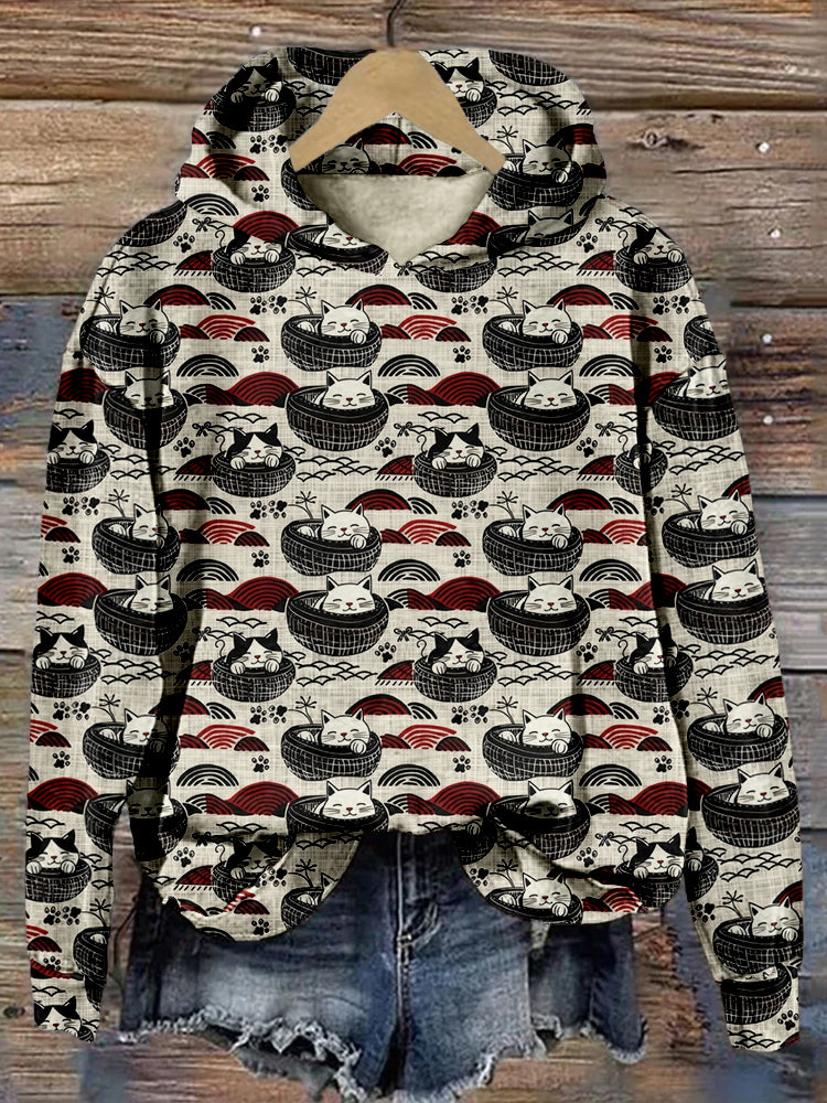 Cats Sleeping Japanese Inspired Pattern Cozy Hoodie elevenforest