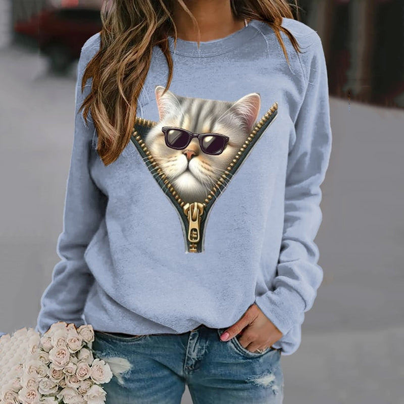 Women's Cute Cat Print Crew Neck Sweatshirt elevenforest