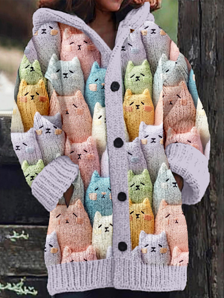 Cute Pastel Fluffy Cats Knitted Cozy Hooded Cardigan elevenforest
