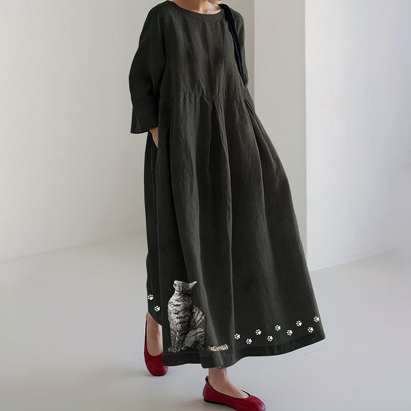 Women's Cat & Paw Embroidery Art Cozy Maxi Dress elevenforest