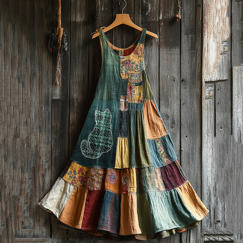 Sashiko Cute Cat Patchwork Maxi Dress elevenforest