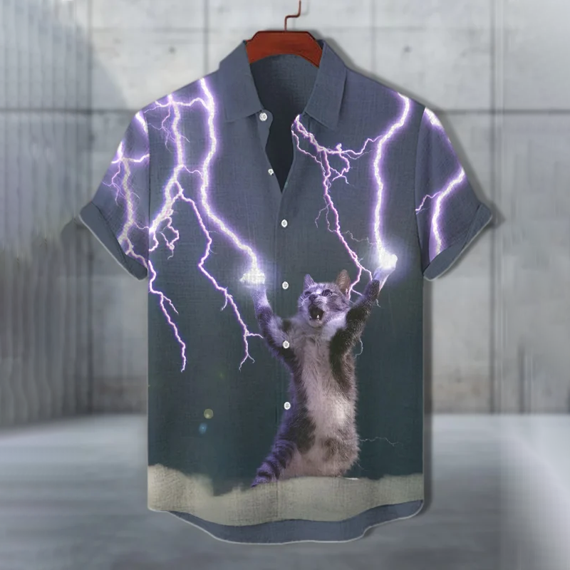 Men's Cat And Lightning Fun Art Casual Short Sleeve Shirts elevenforest