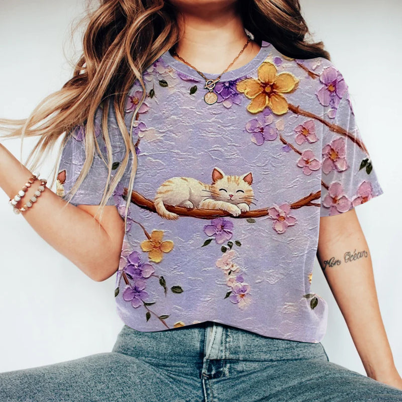 Cute Cat Sleeping On A Cherry Blossom Book T-shirt elevenforest