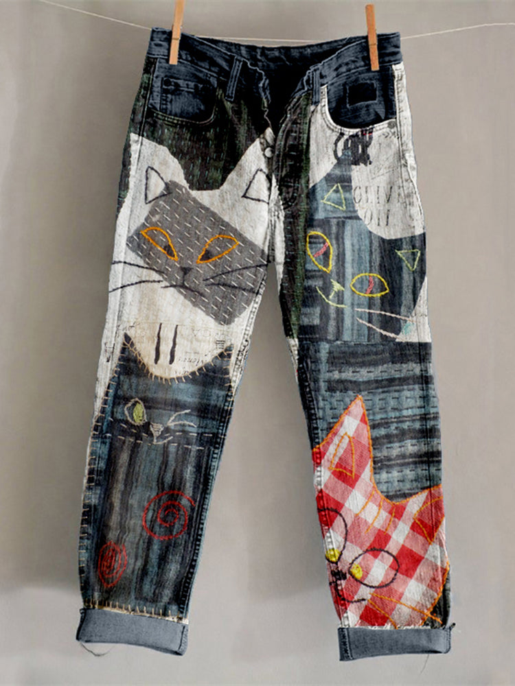 Cute Abstract Cat Patchwork Art Washed Jeans elevenforest