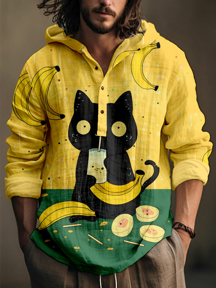 Black Cat Drinking Banana Milk Linen Blend Hooded Shirt elevenforest