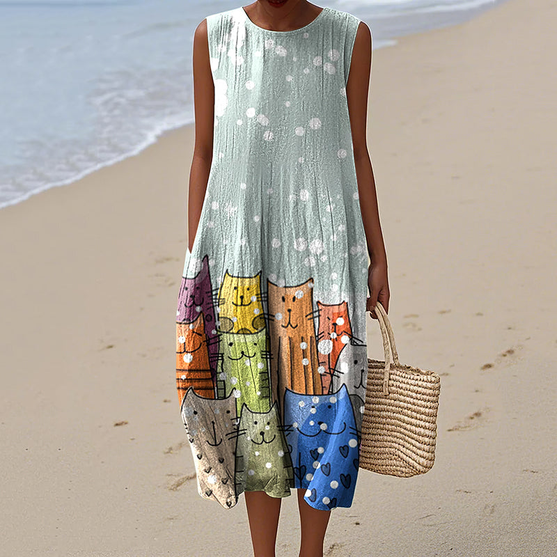 Women's Vintage Cute Cats Art Print Sleeveless Dress elevenforest