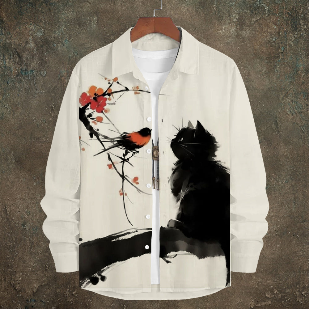 Black Cat & Bird Japanese Vintage Men's Linen Long Sleeve Shirt elevenforest