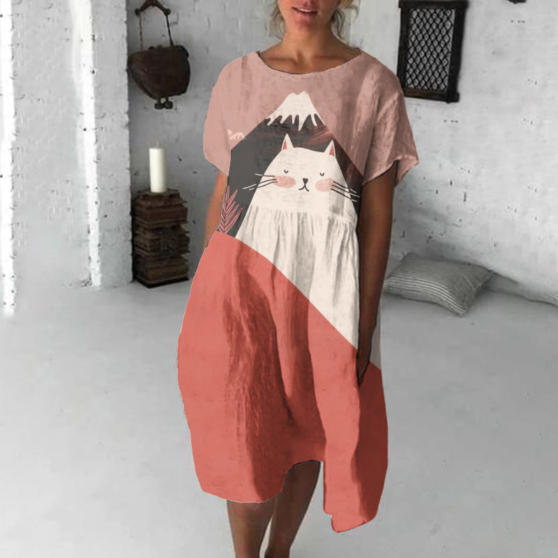 Abstract Creative Cute Cat Pretends To Be A Mountain Pattern Drawing Print Art Midi Dress elevenforest