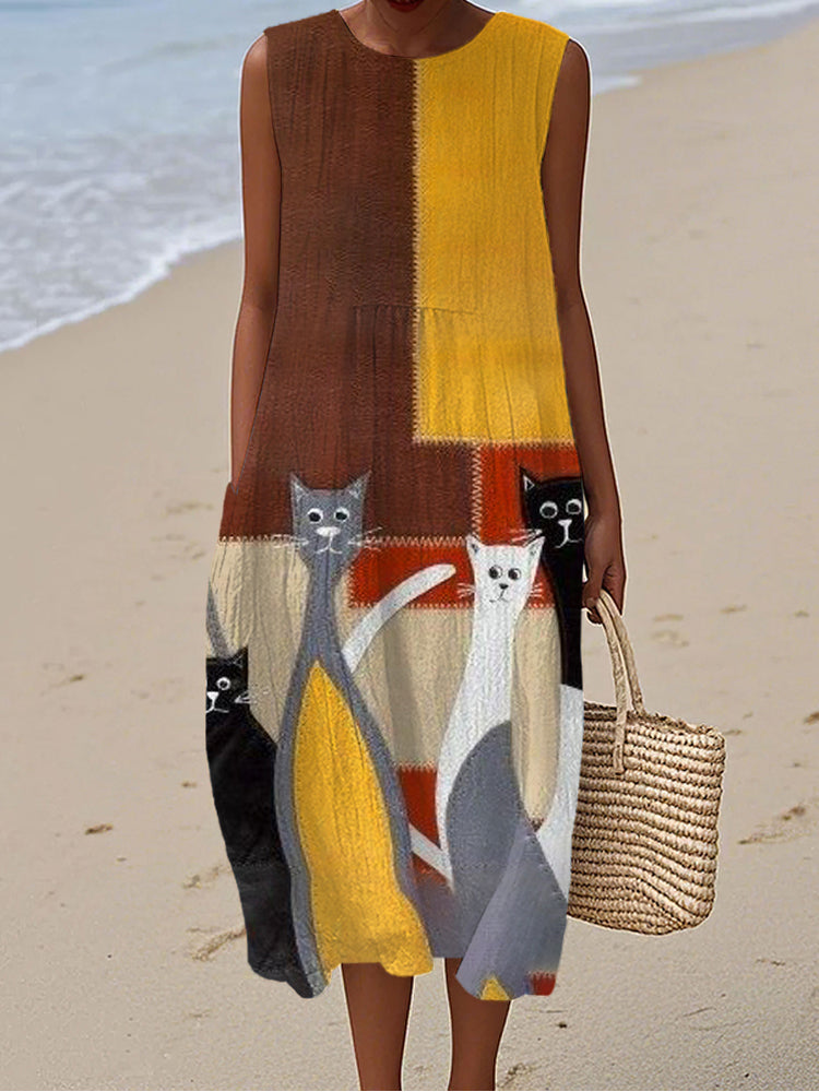 Cat Vintage Geometric Women's Linen Vest Dress elevenforest