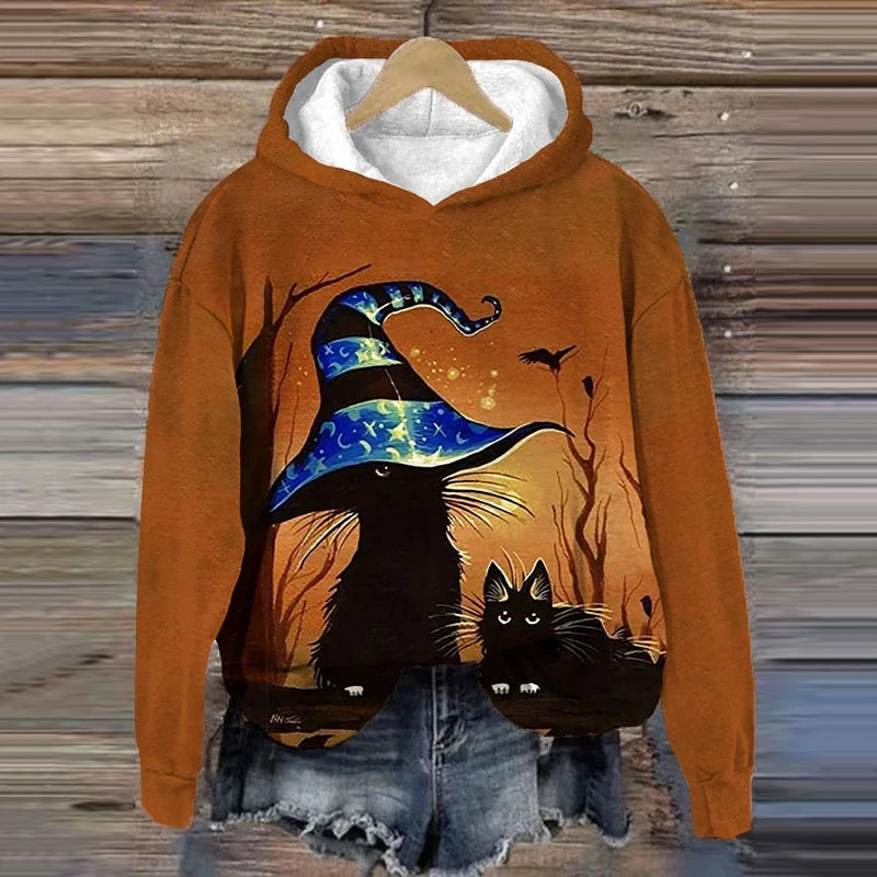 Funny Halloween Waiting For The Witch Black Cat Print Casual Hoodie elevenforest