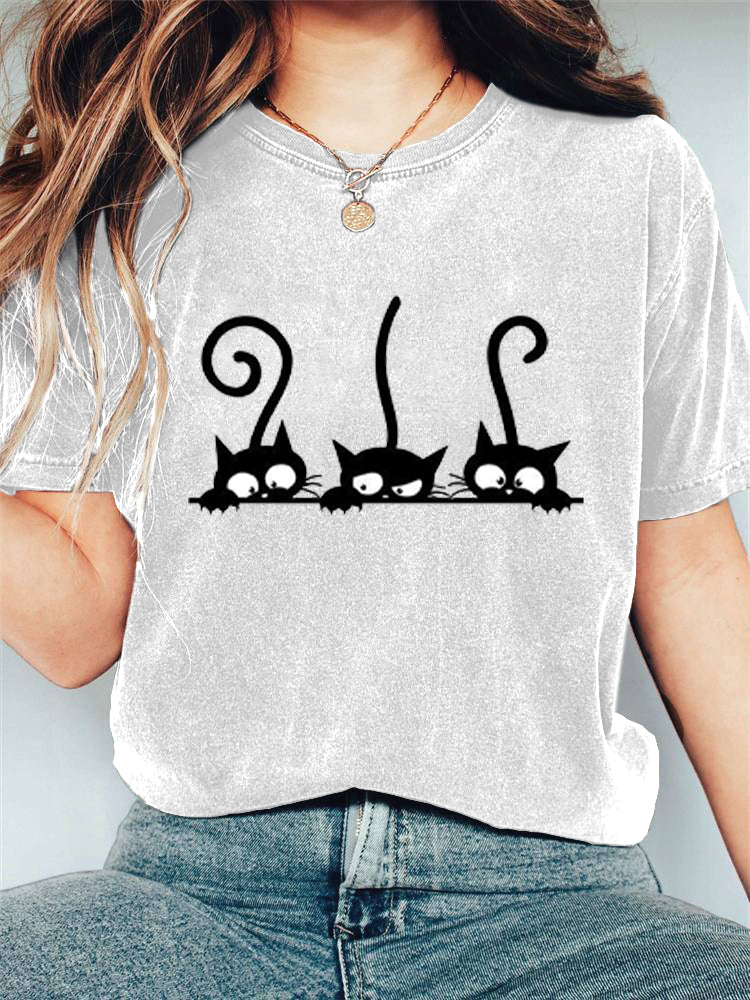 Women's Casual Black Cat Print T-shirt elevenforest