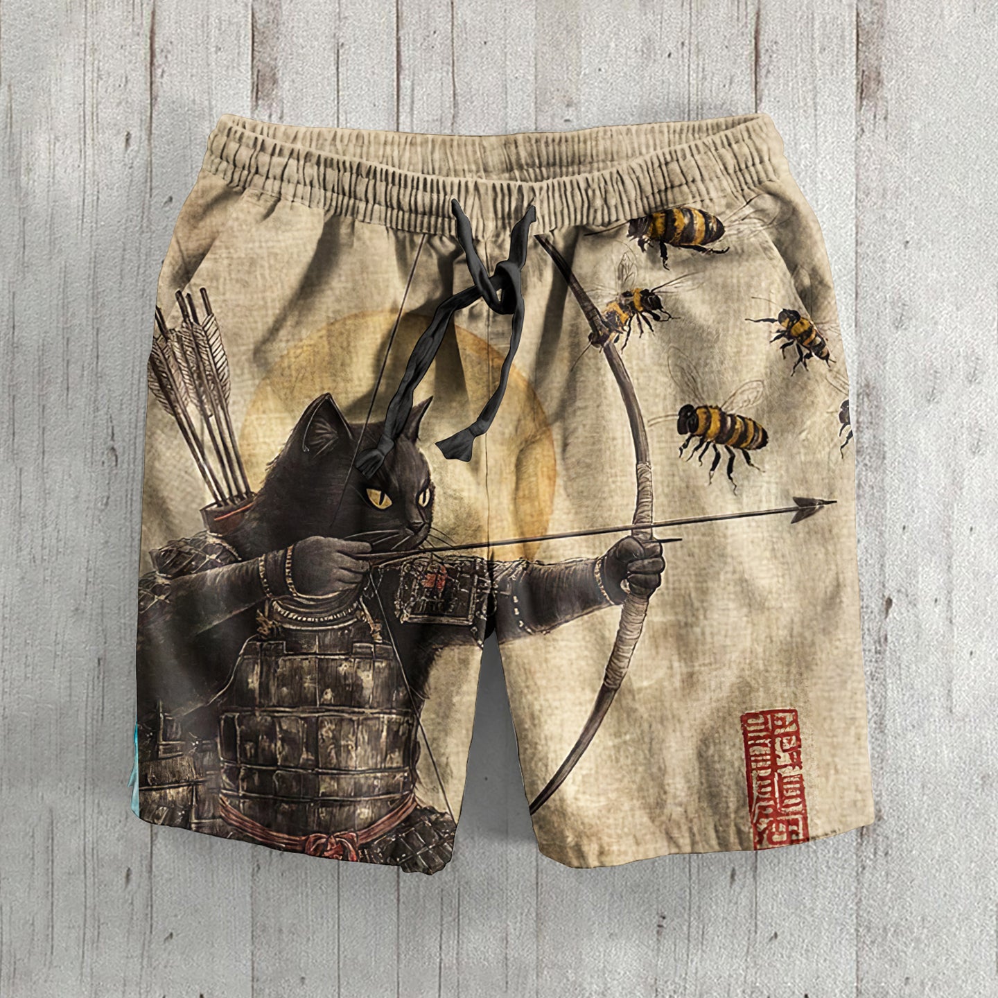 Men's Black Cat Tribal Warrior Japanese Kyudo Print Shorts elevenforest