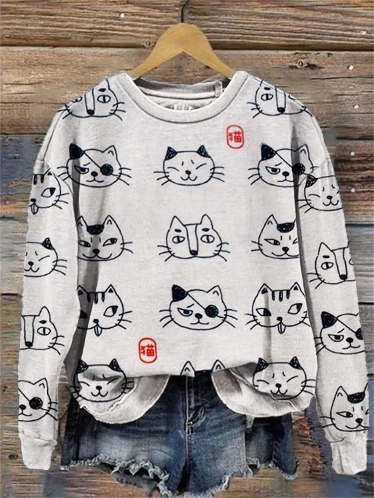 Lovely Cats Faces Japanese Pattern Sweatshirt elevenforest