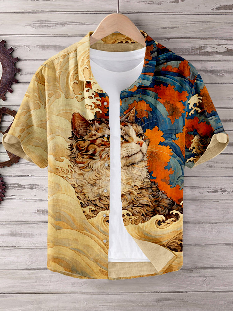 Japanese Great Wave Inspired Mysterious Cat Art Linen Blend Shirt elevenforest