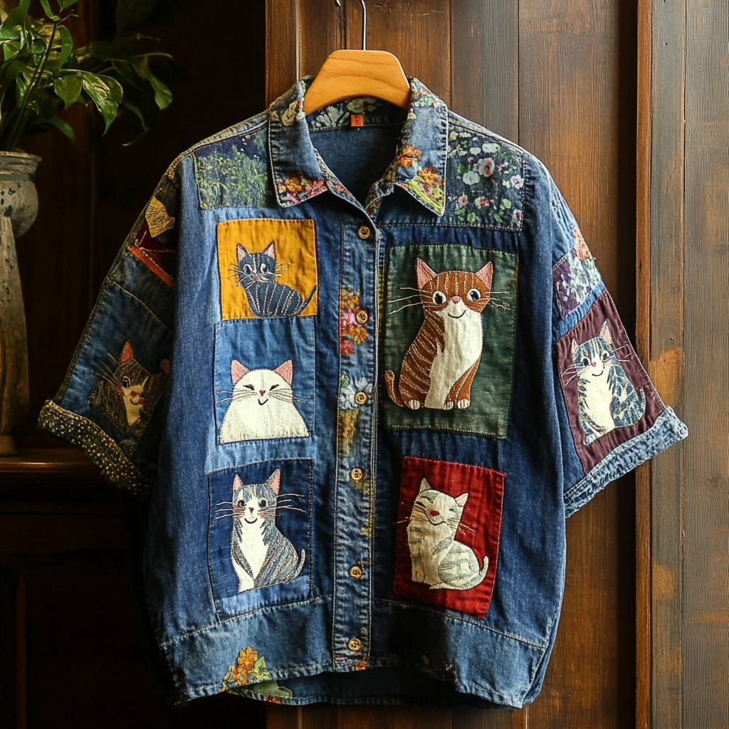 Casual Pop Art Patchwork Cat Denim Shirt elevenforest