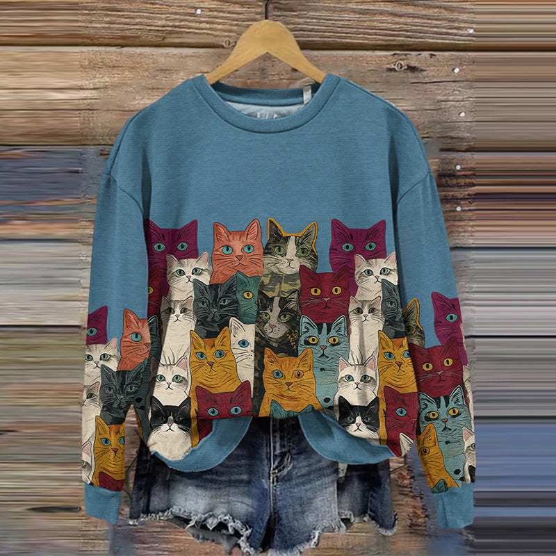 Women's Vintage Abstract Colored Cat Art Sweatshirt elevenforest
