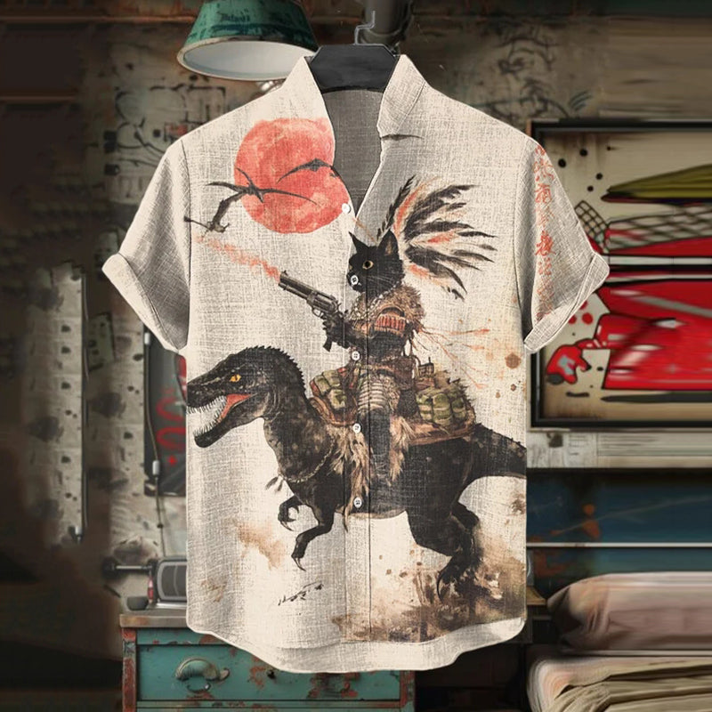 Men's Retro Tribal Black Cat Rides A Dinosaur Print Short Sleeve Shirt elevenforest
