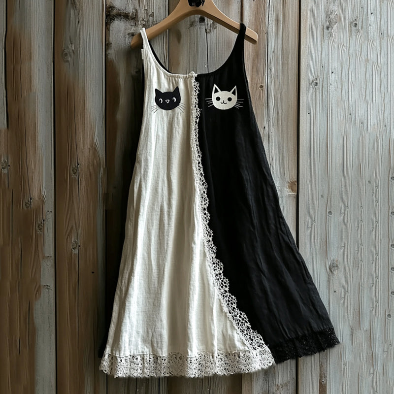 Vintage Black Cat Lace Art Color Block Linen Tank Dress elevenforest