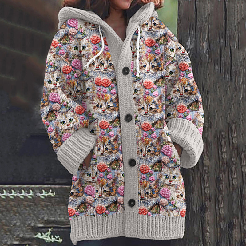 Cat Print Casual Knitted Hooded Cardigan elevenforest